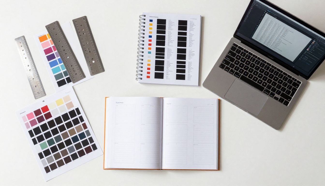 Overhead flat-lay of a catalog design workspace showing color palettes, metal rulers, typography samples, and an open laptop with design software Overhead flat-lay of a catalog design workspace showing color palettes, metal rulers, typography samples, and an open laptop with design software