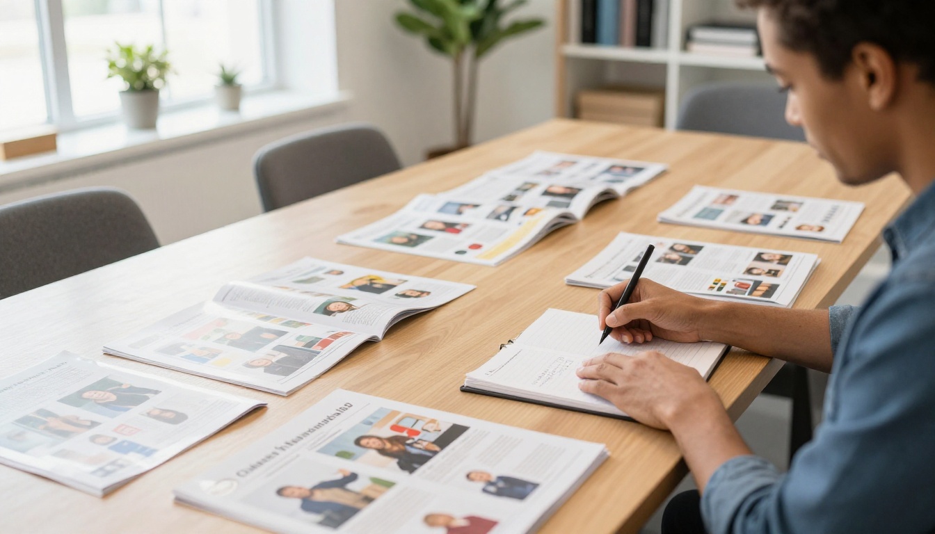 A retail store buyer sitting at a large conference table reviewing multiple open printed product catalogs spread across the surface, making handwritten notes A retail store buyer sitting at a large conference table reviewing multiple open printed product catalogs spread across the surface, making handwritten notes