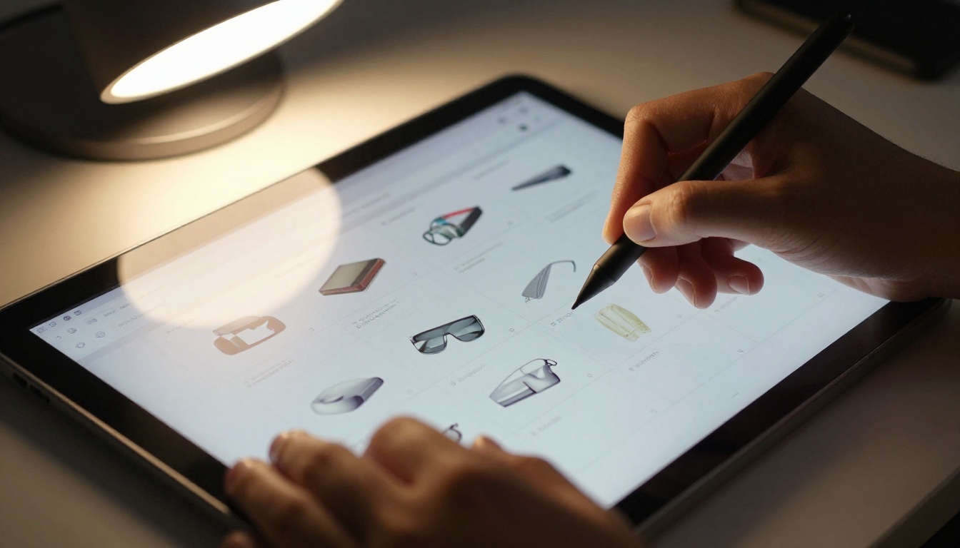 A graphic designer holding a stylus working on a catalog layout on a tablet with a warm LED desk lamp illuminating the glass desk surface A graphic designer holding a stylus working on a catalog layout on a tablet with a warm LED desk lamp illuminating the glass desk surface