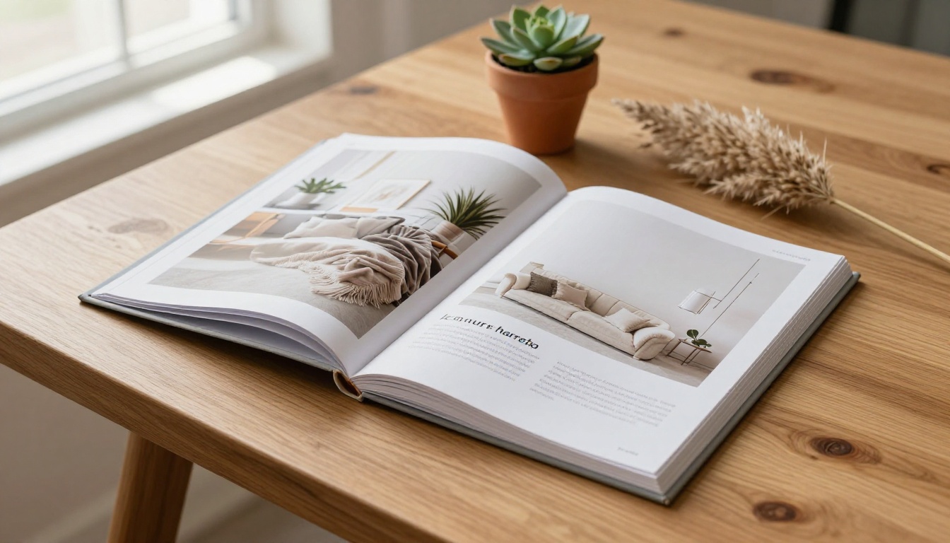 An elegant open home decor product catalog on a warm natural oak wood table with a terracotta succulent plant and pampas grass stem beside it An elegant open home decor product catalog on a warm natural oak wood table with a terracotta succulent plant and pampas grass stem beside it