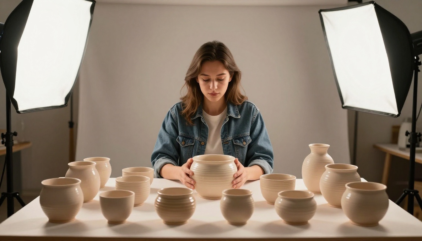 A small business owner photographing artisan ceramic products on a white seamless paper backdrop in a home studio with softbox lights visible A small business owner photographing artisan ceramic products on a white seamless paper backdrop in a home studio with softbox lights visible