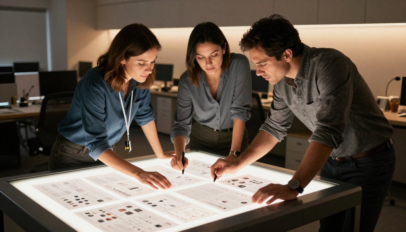 Two marketing professionals leaning over printed catalog layout sheets on a glowing illuminated light table in a design agency with warm ambient office lighting Two marketing professionals leaning over printed catalog layout sheets on a glowing illuminated light table in a design agency with warm ambient office lighting