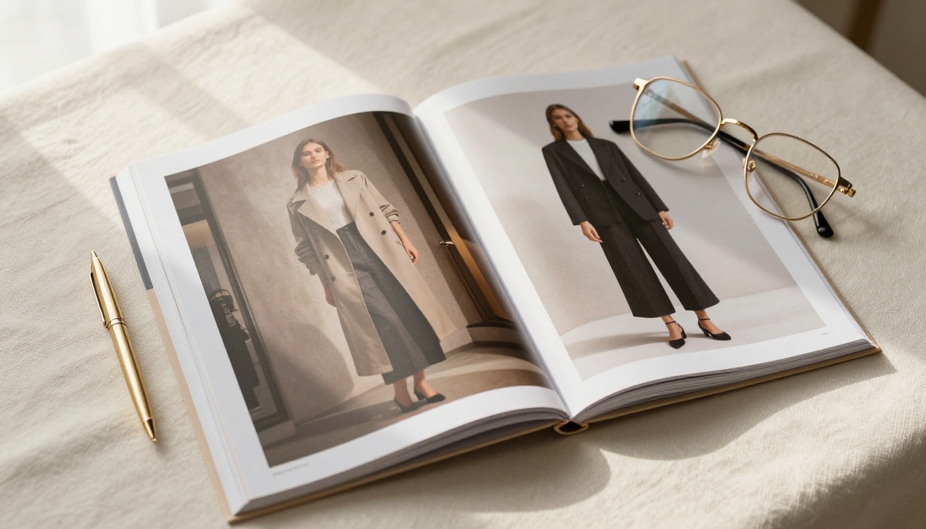 A high-fashion clothing catalog opened to a double-page spread on a smooth cream linen surface with gold reading glasses and a ballpoint pen resting beside it A high-fashion clothing catalog opened to a double-page spread on a smooth cream linen surface with gold reading glasses and a ballpoint pen resting beside it