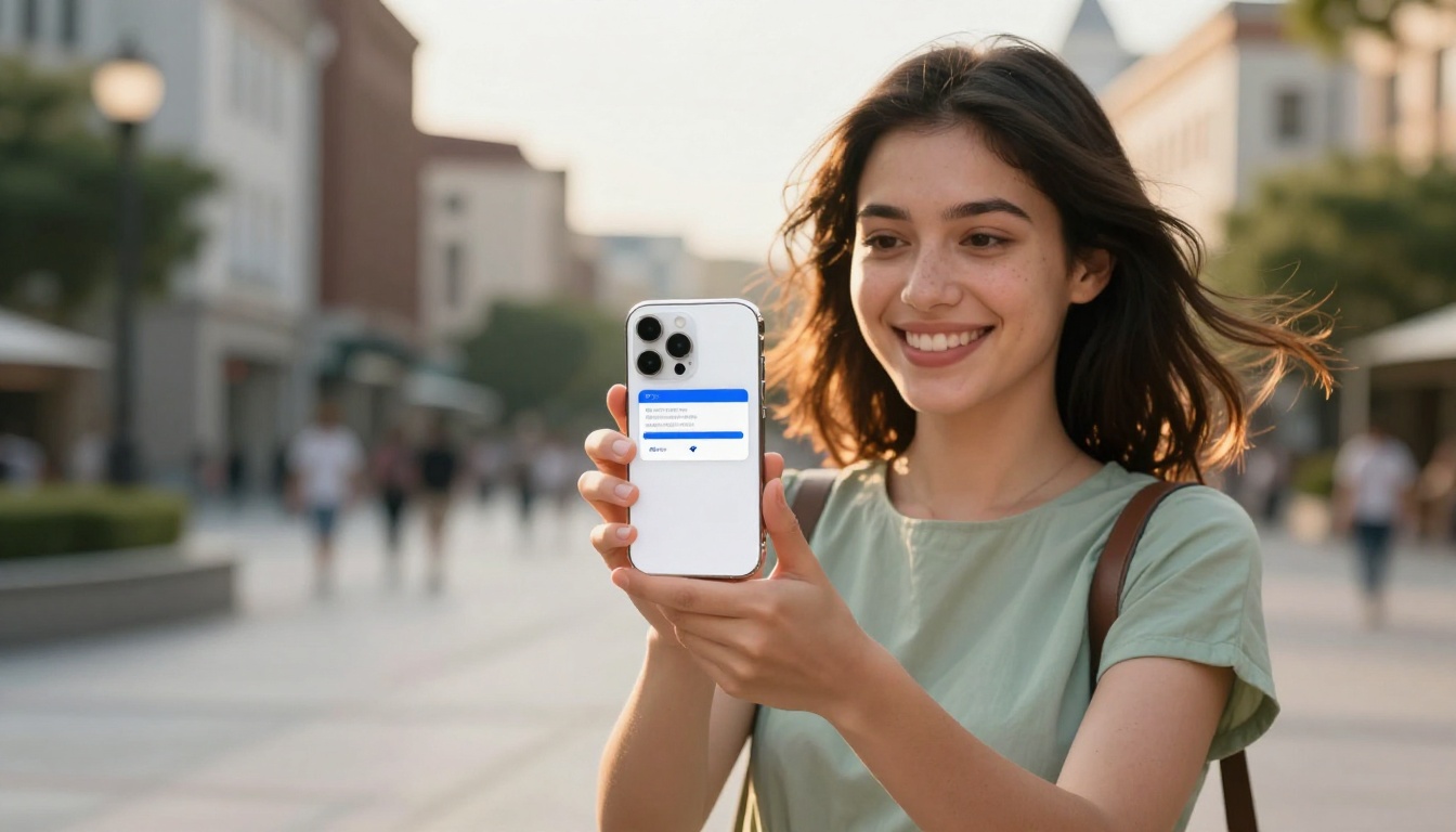 Woman outdoors holding a phone with a shareable flipbook link on screen Woman outdoors holding a phone with a shareable flipbook link on screen