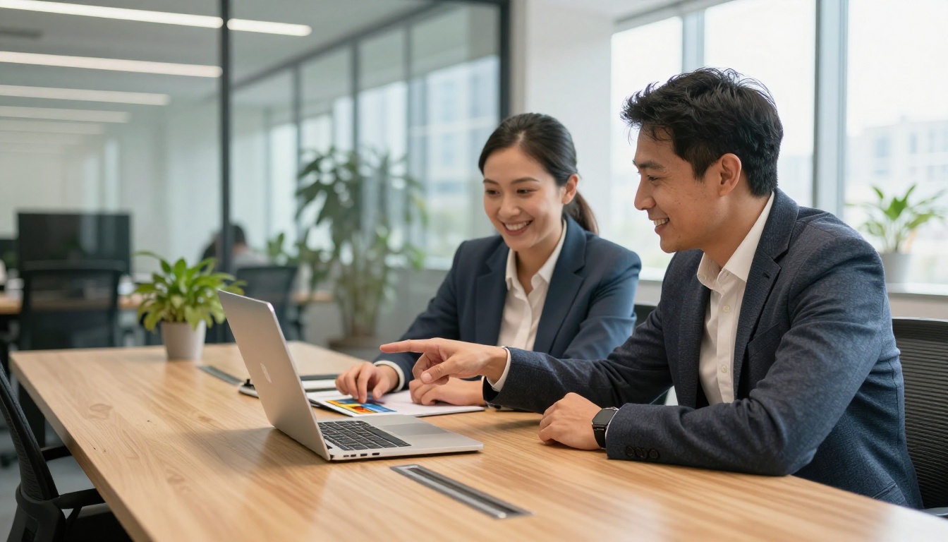 Two young professionals sharing a digital flipbook at a conference table Two young professionals sharing a digital flipbook at a conference table