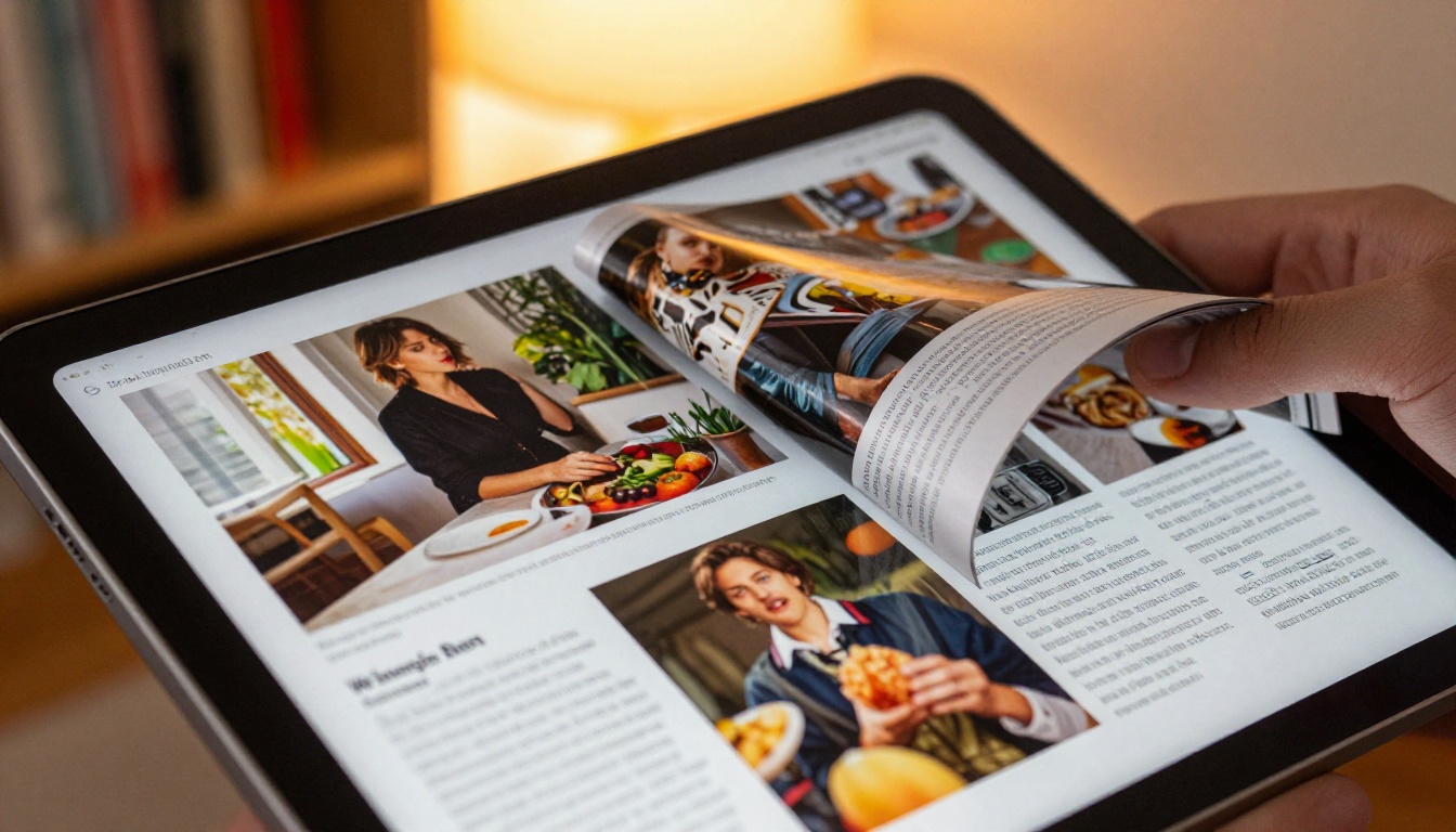 Close-up of a tablet displaying a page-turning digital publication Close-up of a tablet displaying a page-turning digital publication