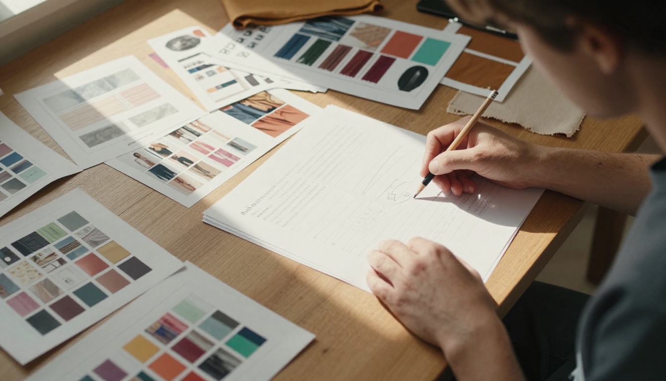 Designer reviewing lookbook spreads at a wooden drafting table from aerial view