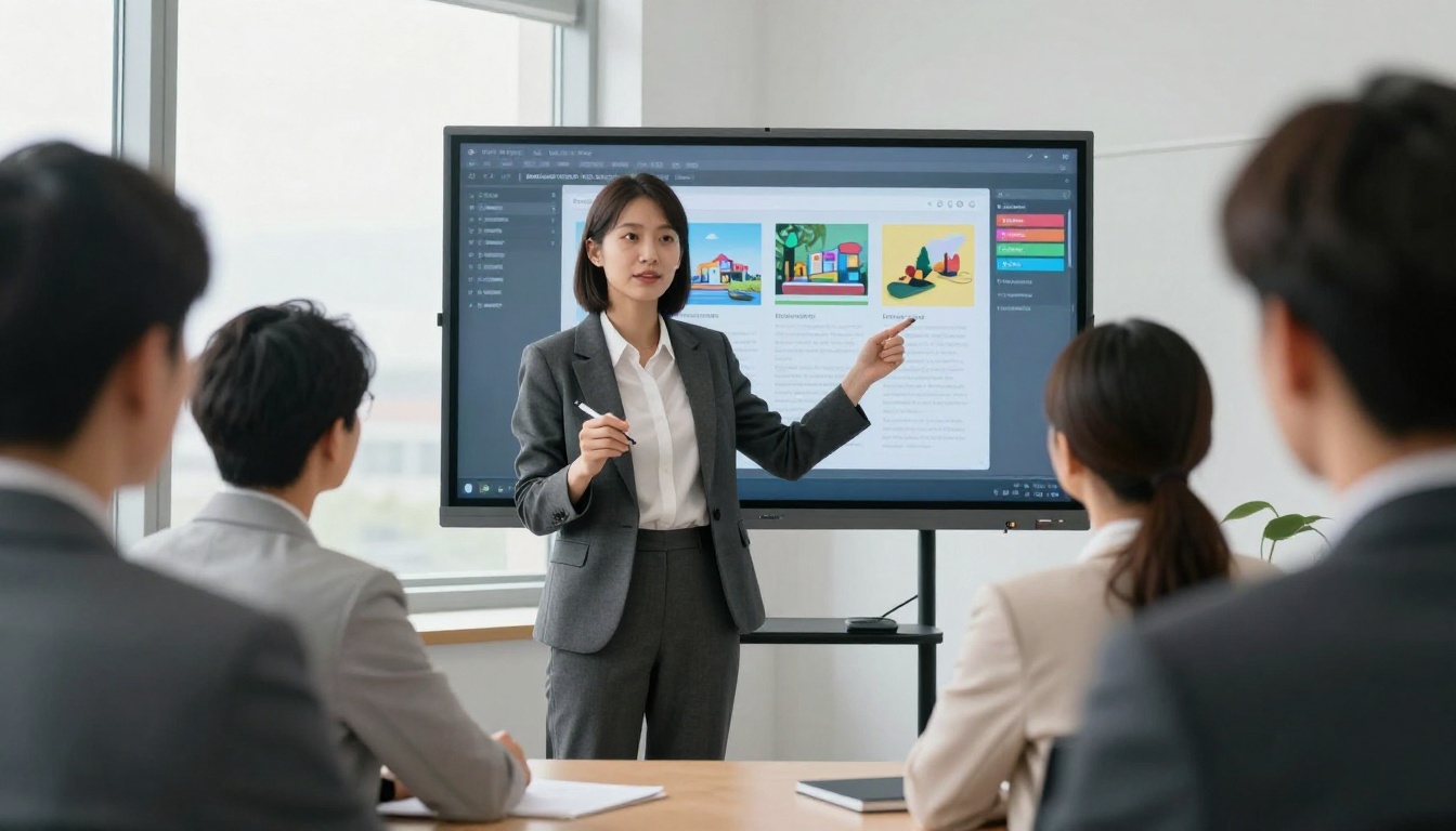 Confident businesswoman presenting a digital flipbook to her team Confident businesswoman presenting a digital flipbook to her team