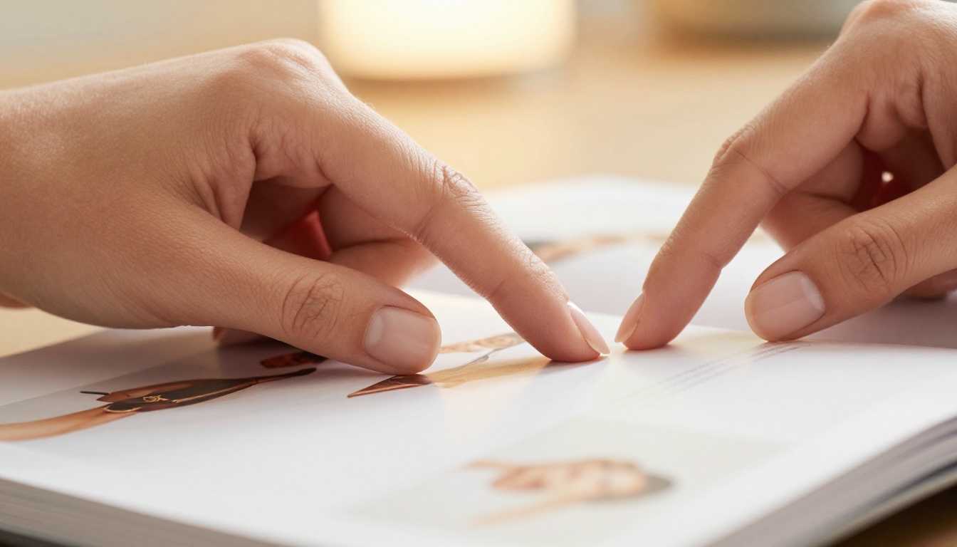 Close-up of hands turning premium lookbook pages with tactile paper texture detail
