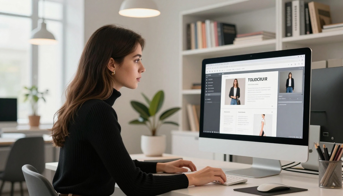 Creative director reviewing digital lookbook on desktop monitor in minimalist agency office
