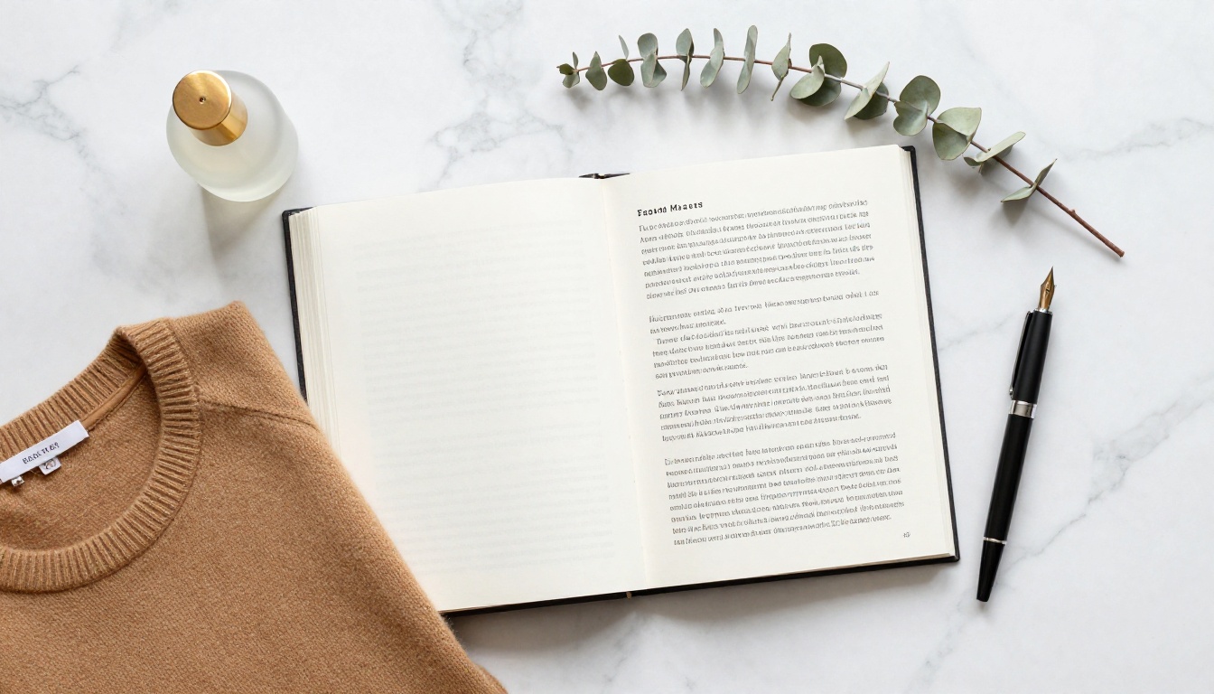 Open brand lookbook flat lay on marble surface with luxury brand objects arranged around it