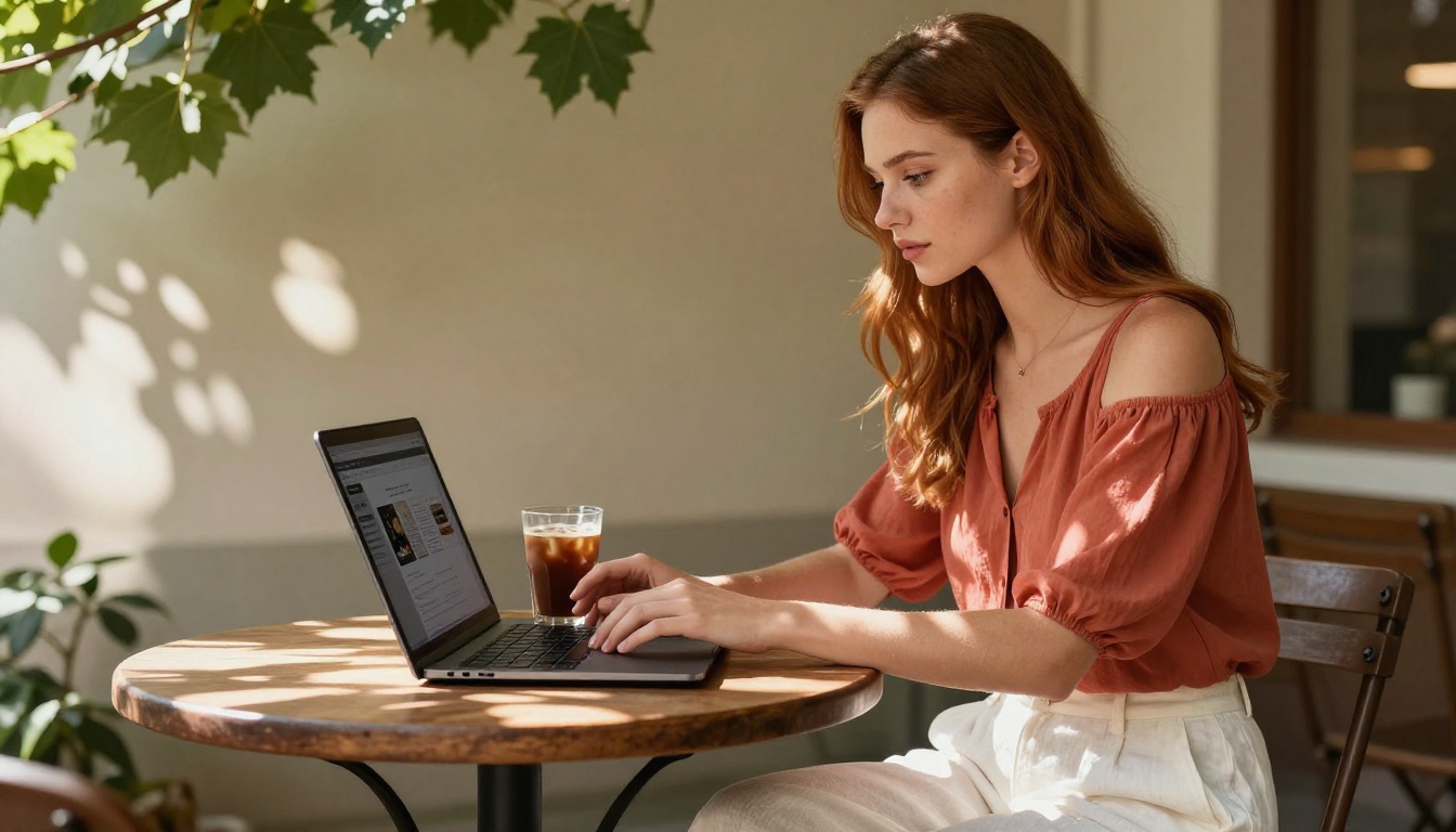 Woman working on a digital publishing platform in a sunlit café Woman working on a digital publishing platform in a sunlit café