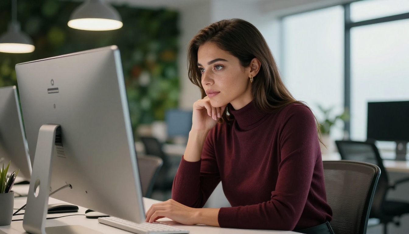 Brunette woman reviewing digital content on a wide monitor in a modern office Brunette woman reviewing digital content on a wide monitor in a modern office