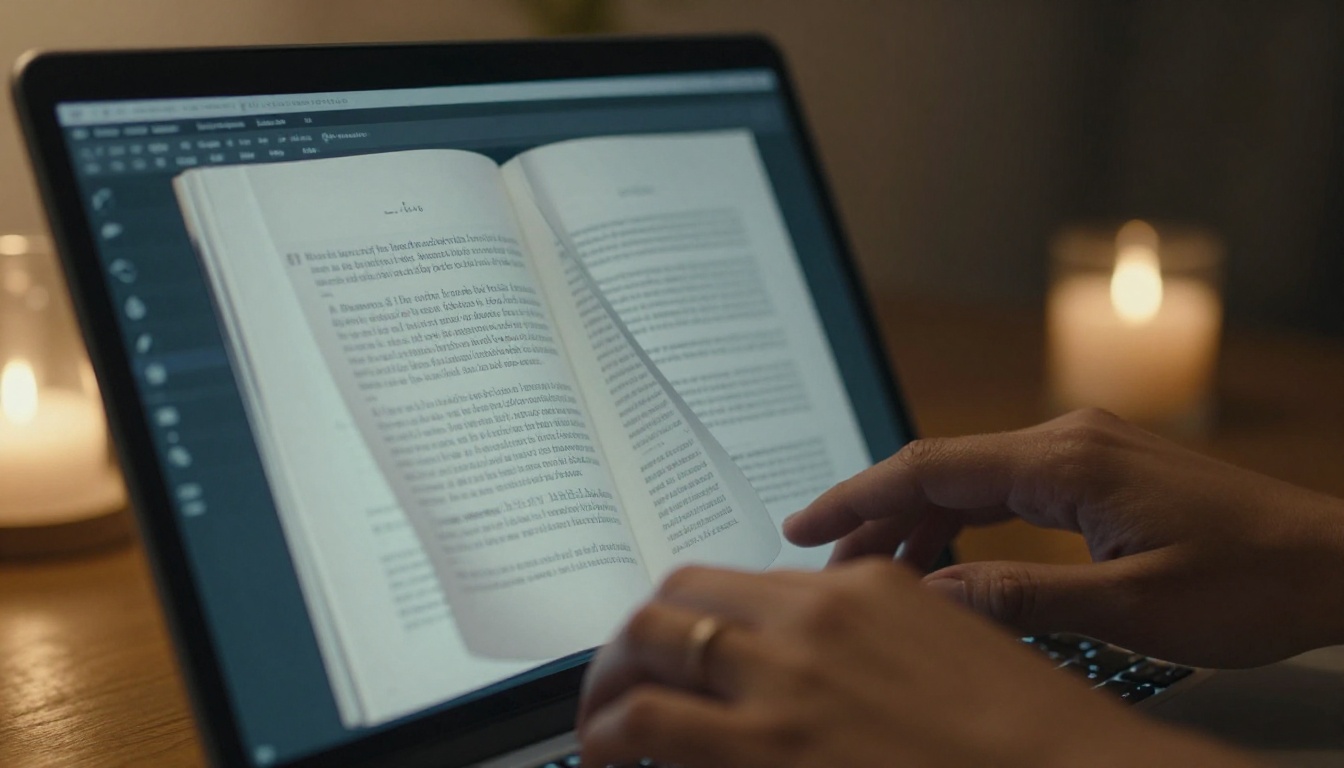 Laptop screen showing interactive digital lookbook with page-turning animation mid-flip