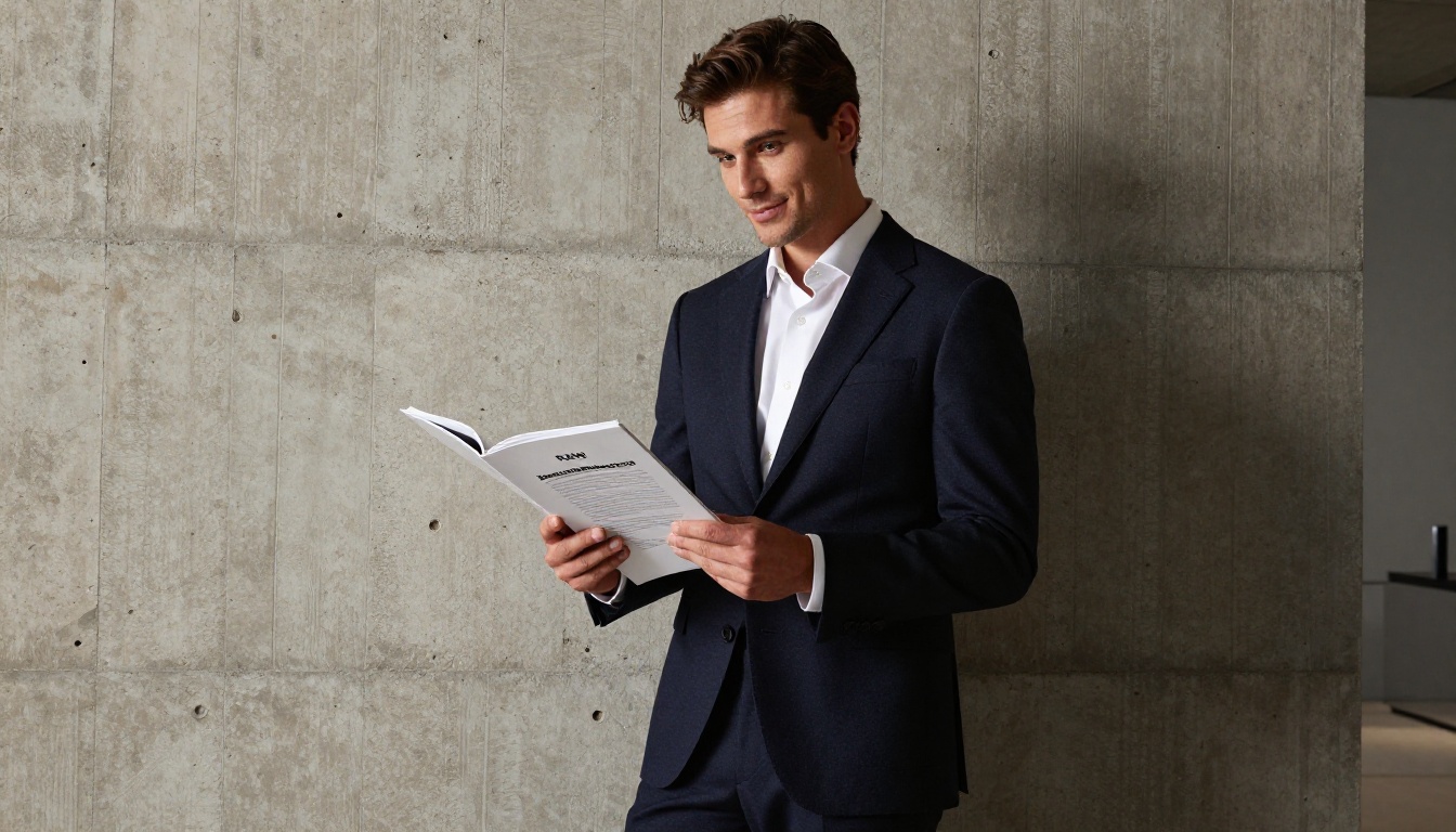 Male model in navy suit presenting open brand lookbook against raw concrete wall in showroom