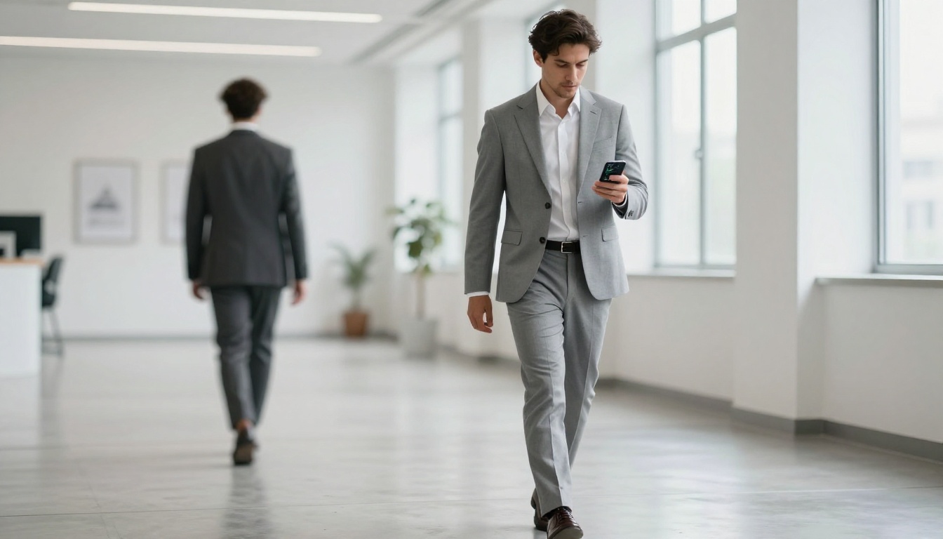 Well-dressed man checking analytics on his phone while walking in a modern office corridor Well-dressed man checking analytics on his phone while walking in a modern office corridor