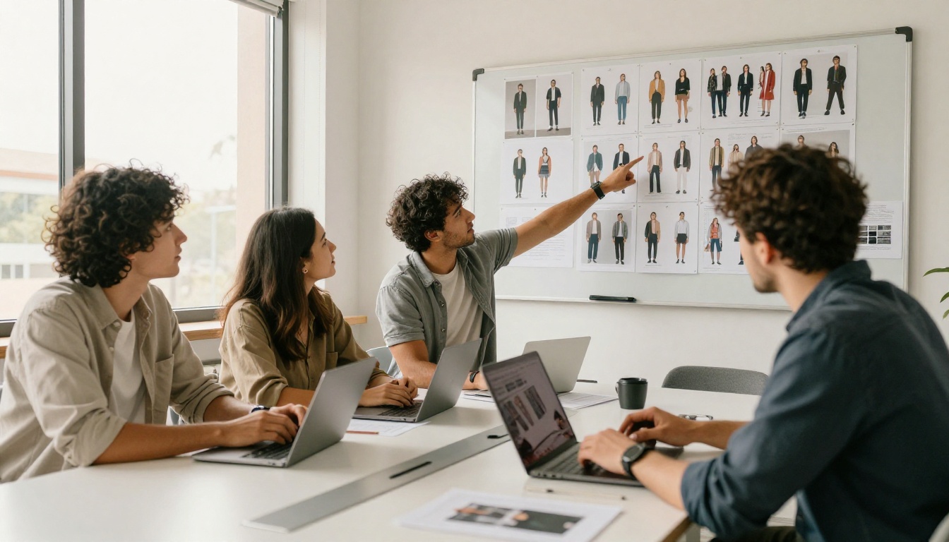Three creative professionals collaborating on lookbook layout spreads pinned to corkboard