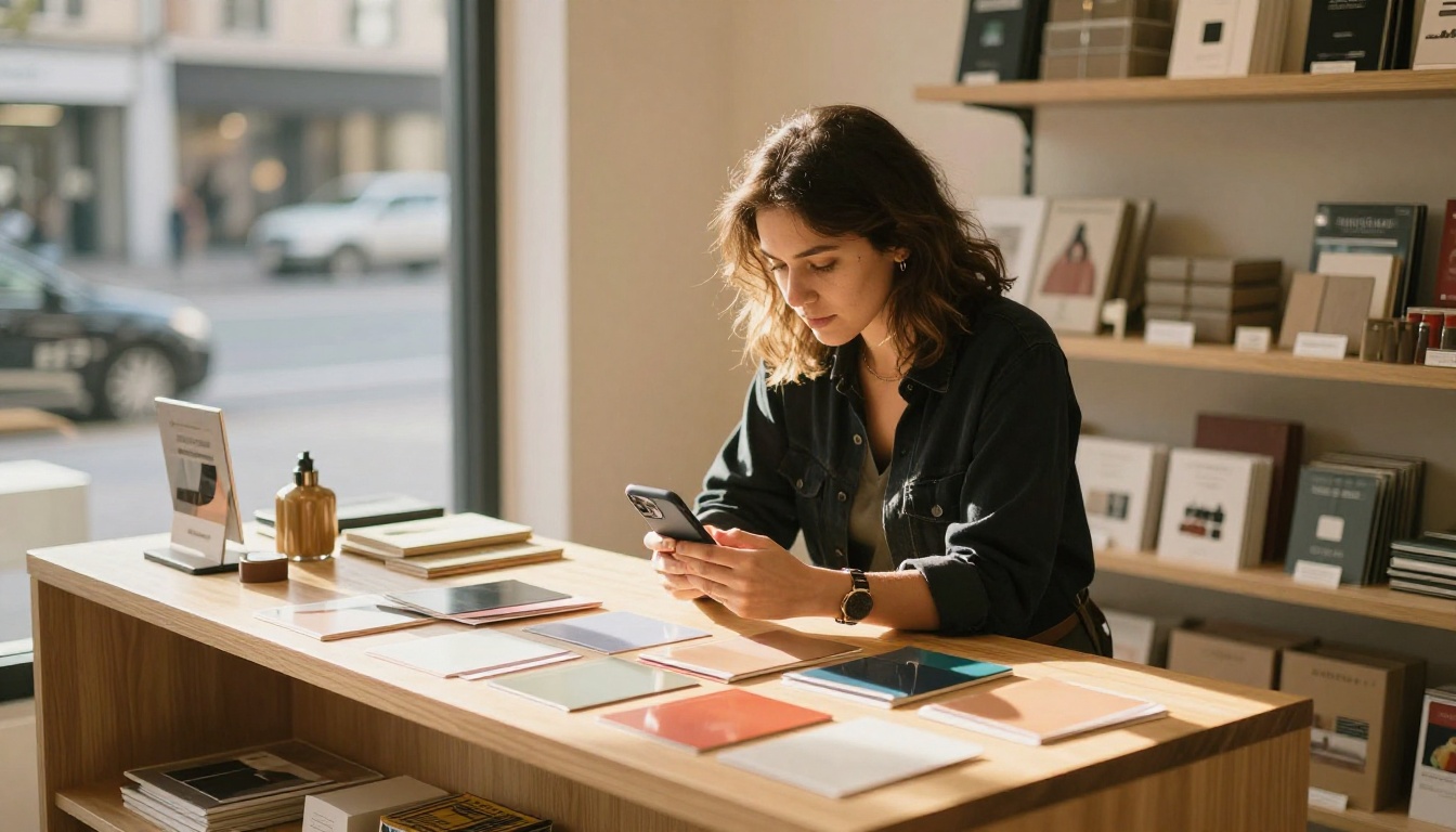Woman small business owner photographing products for a digital catalog in a bright retail shop with warm natural light Woman small business owner photographing products for a digital catalog in a bright retail shop with warm natural light