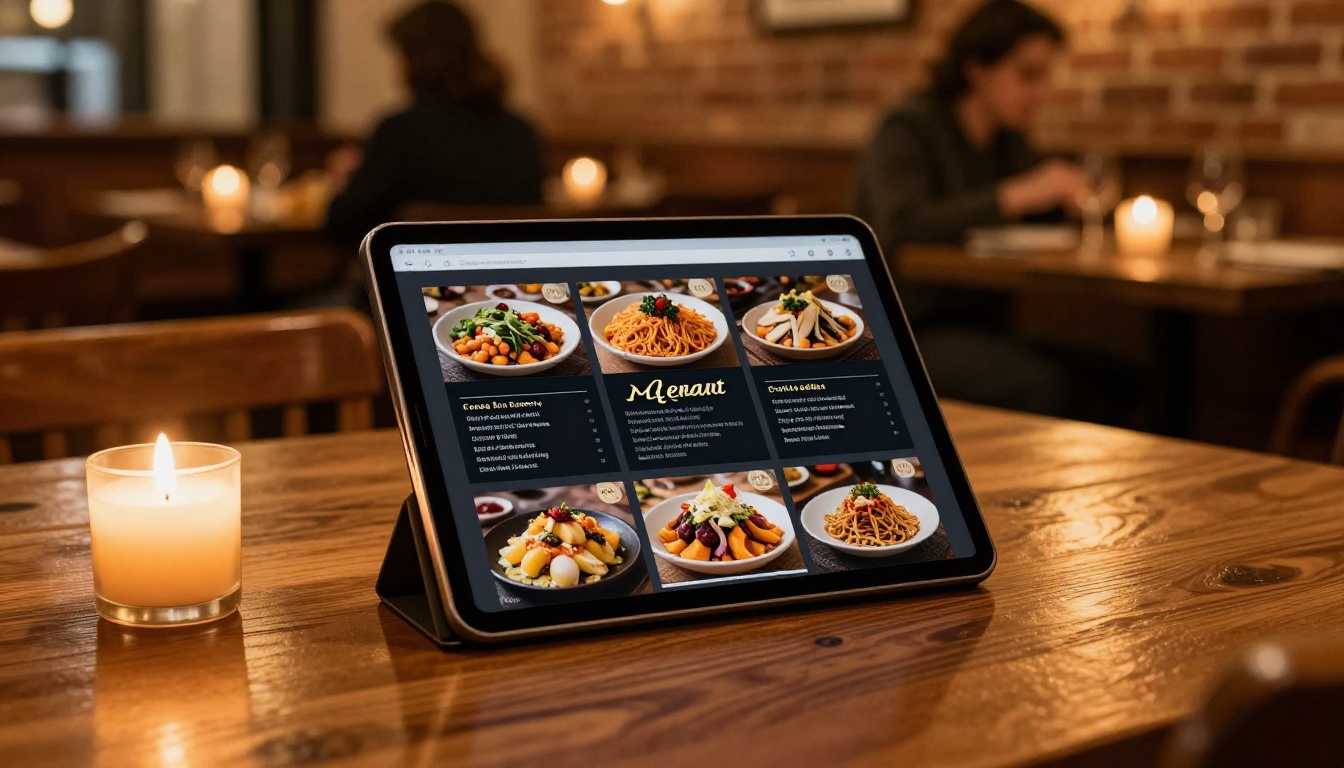 Warm restaurant interior with a tablet propped on a dining table displaying a digital menu flipbook with candle and ambient lighting Warm restaurant interior with a tablet propped on a dining table displaying a digital menu flipbook with candle and ambient lighting