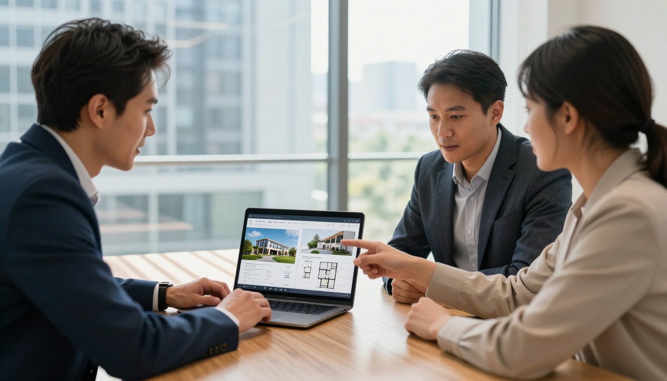 Professional real estate agent in a navy blazer presenting a digital property brochure flipbook to clients at a conference table Professional real estate agent in a navy blazer presenting a digital property brochure flipbook to clients at a conference table