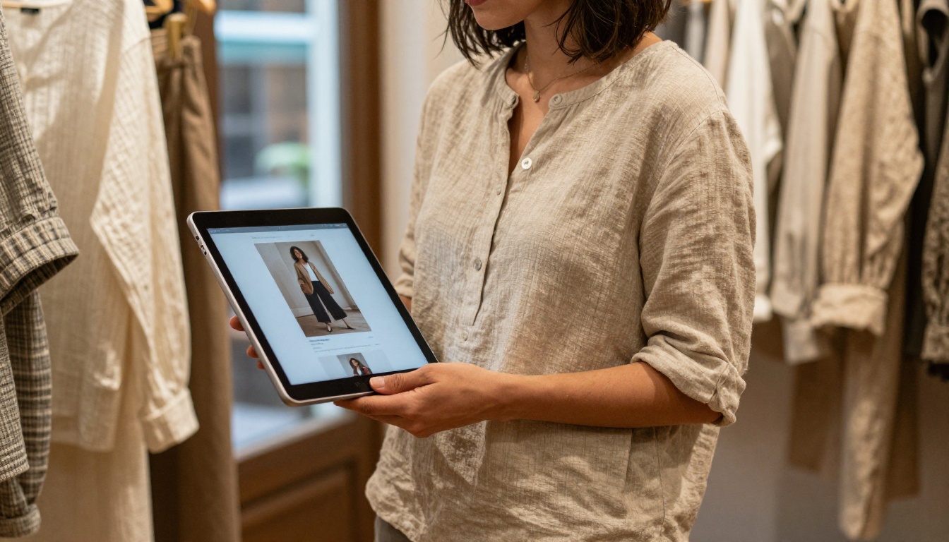 Woman boutique shopkeeper holding an iPad showing a digital lookbook surrounded by hanging garments in warm natural light Woman boutique shopkeeper holding an iPad showing a digital lookbook surrounded by hanging garments in warm natural light