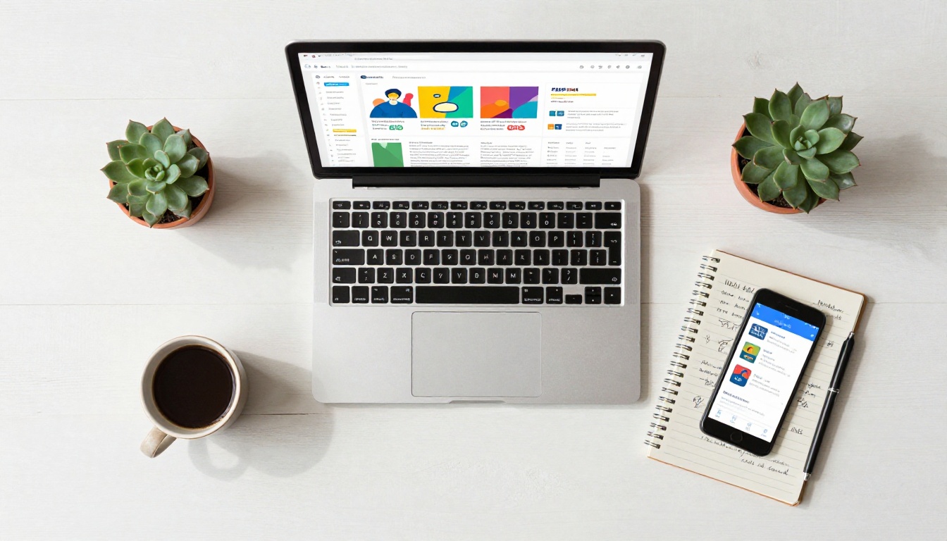Overhead flat-lay of a small business planning workspace with laptop showing digital flipbook, notebook, coffee, and succulent plant Overhead flat-lay of a small business planning workspace with laptop showing digital flipbook, notebook, coffee, and succulent plant