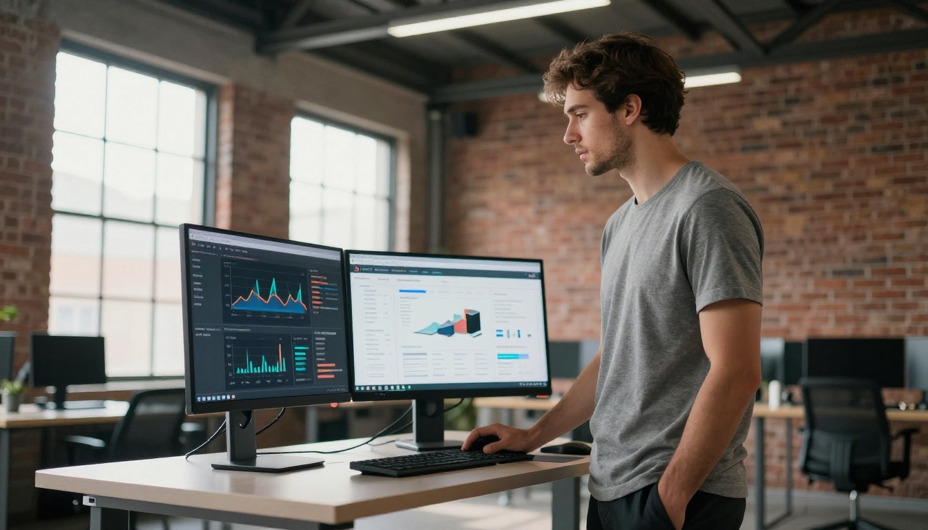 Young entrepreneur reviewing flipbook analytics on dual monitors in a modern industrial loft office with exposed brick Young entrepreneur reviewing flipbook analytics on dual monitors in a modern industrial loft office with exposed brick