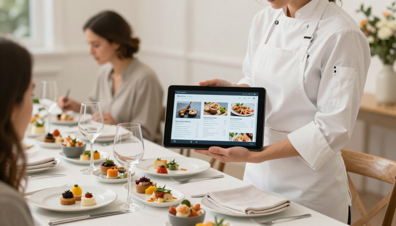 Catering business owner in white apron presenting a polished digital menu flipbook on a tablet to a client at a tasting table Catering business owner in white apron presenting a polished digital menu flipbook on a tablet to a client at a tasting table