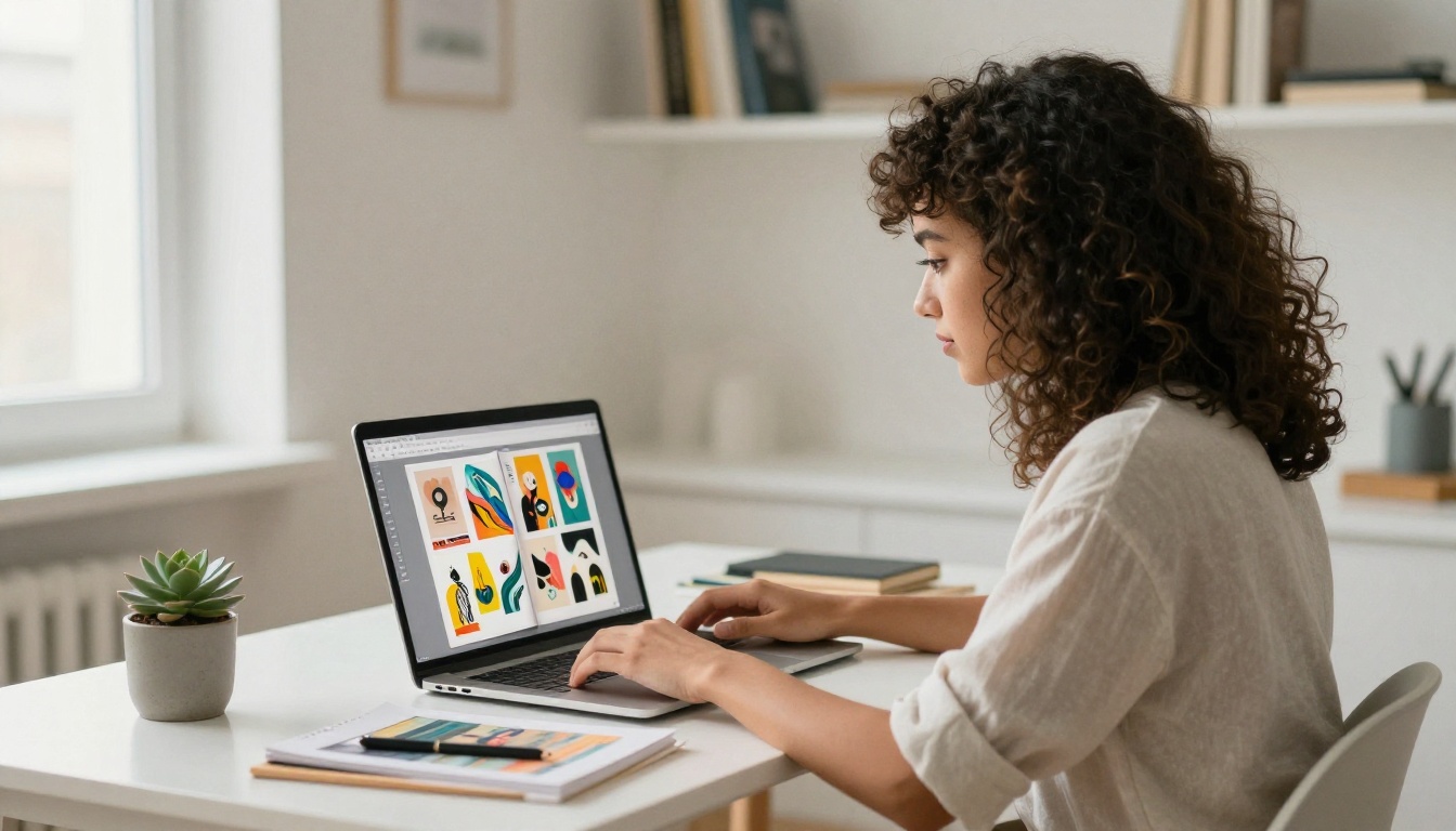Young creative woman reviewing her digital portfolio flipbook on a laptop