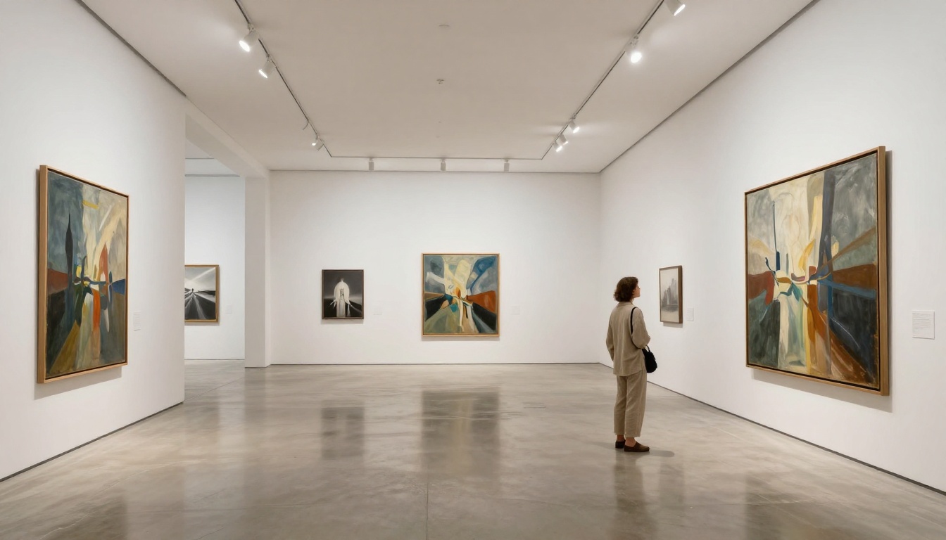 Spacious contemporary art gallery with framed paintings on white walls