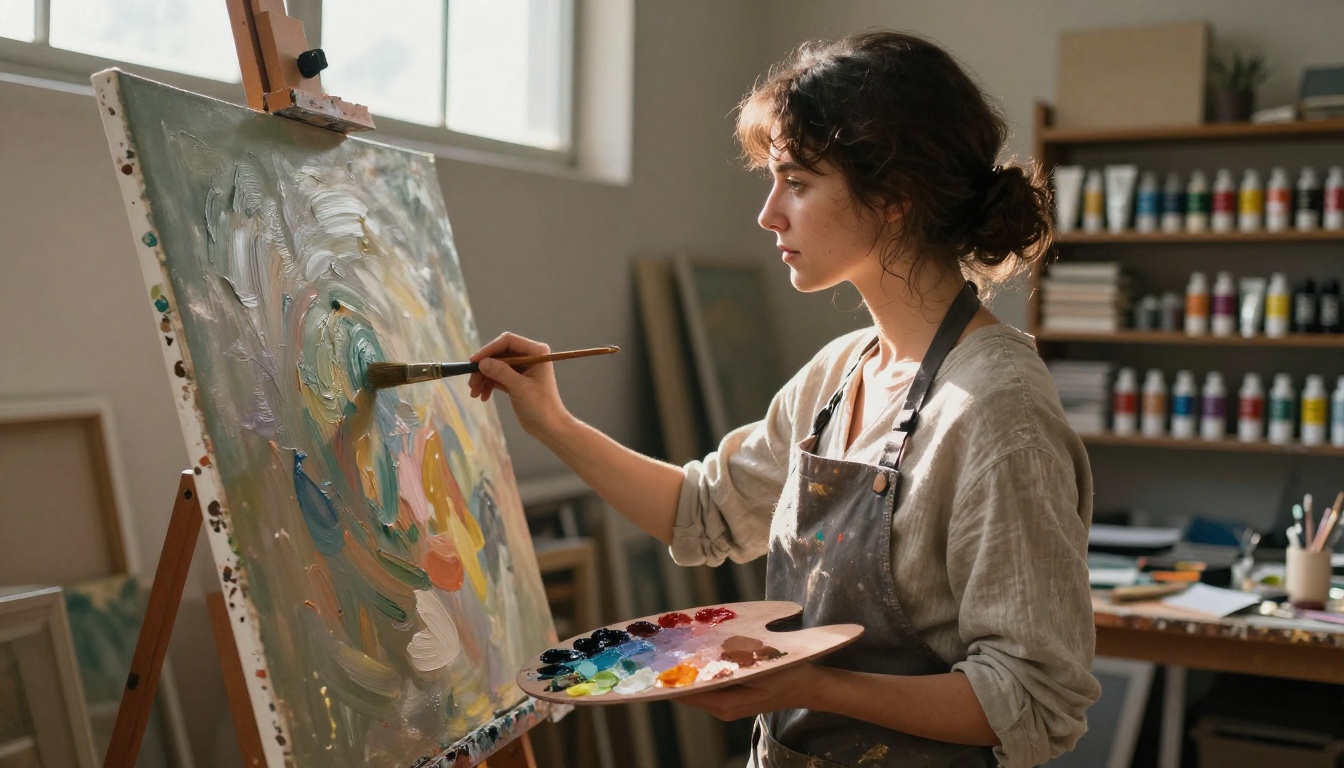 Female artist in apron painting on a large canvas in a sunlit studio
