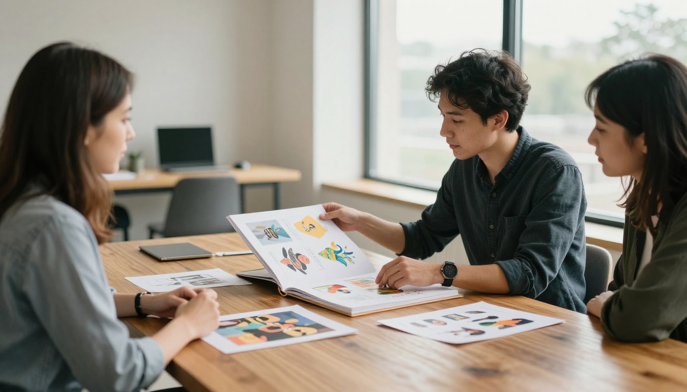 Male artist presenting portfolio book to clients across a table