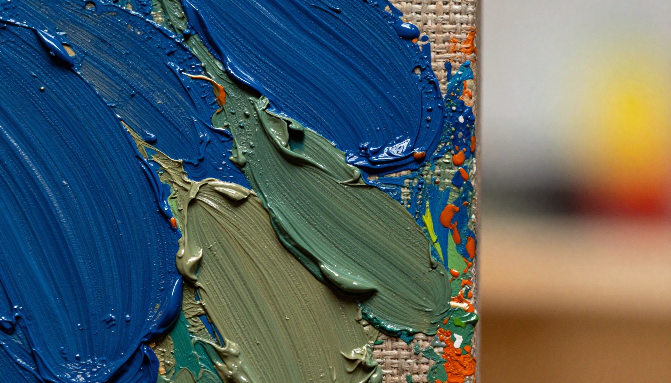 Close-up of rich impasto paint texture in blues, oranges, and greens on canvas