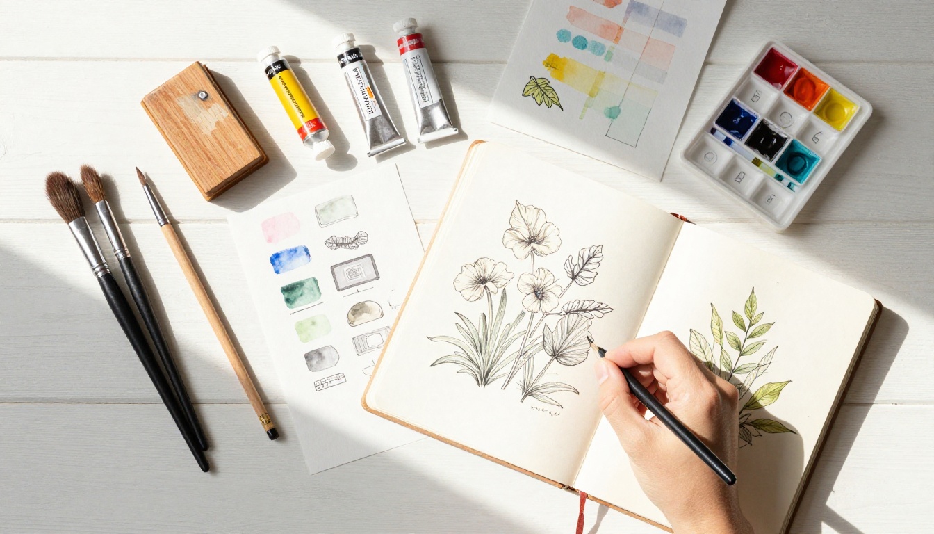 Overhead flat-lay of an artist workspace with brushes, paints, and sketches