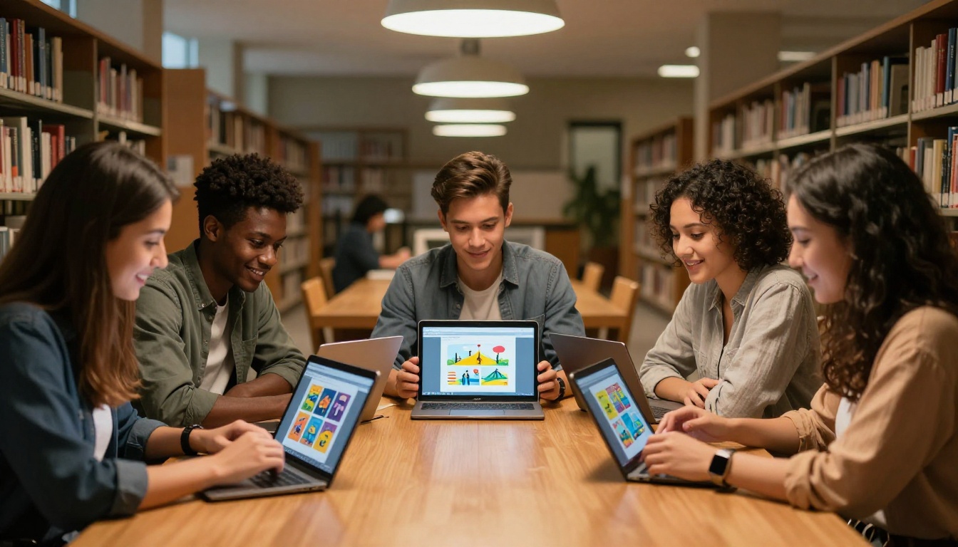 Students browsing course flipbooks on devices in a university library