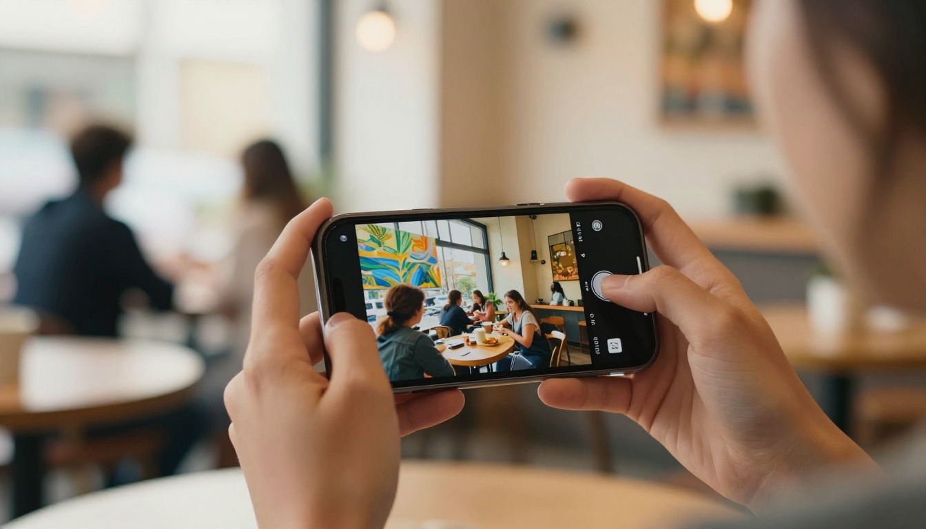 Young woman's hands holding a smartphone showing a page-flipping art portfolio