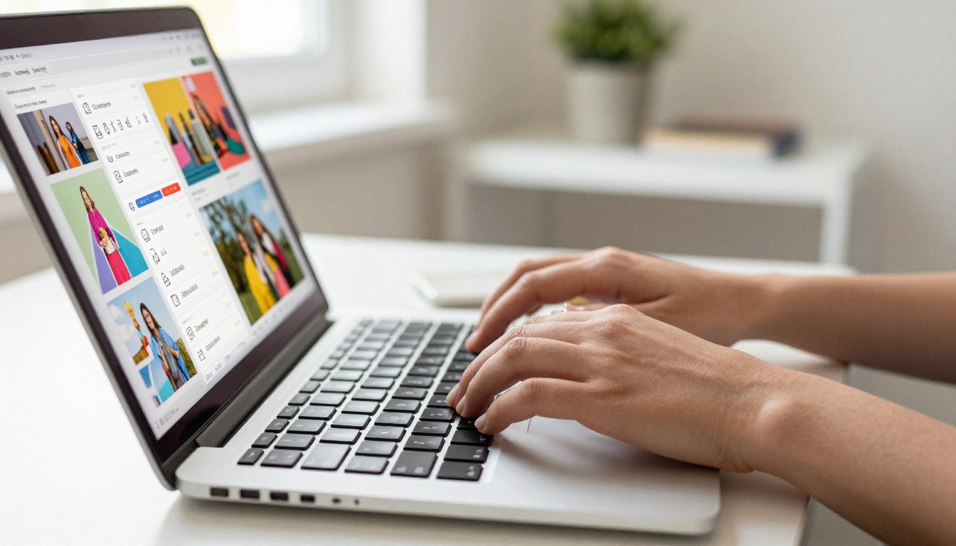 Hands typing on laptop with course flipbook visible on screen