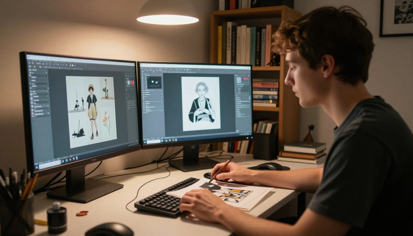 Creative professional uploading artwork files to a digital platform on dual monitors