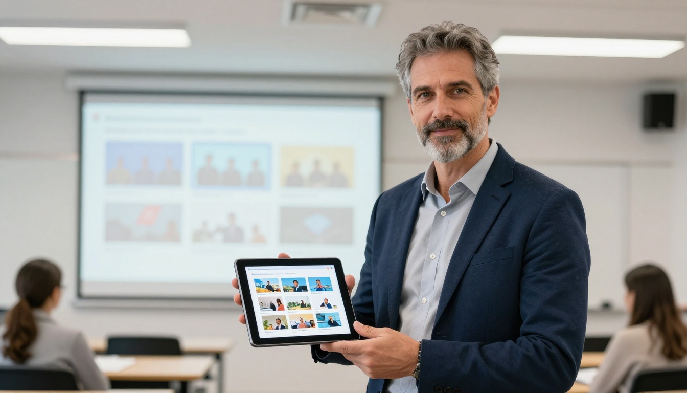 Male instructor presenting course flipbook in a classroom setting