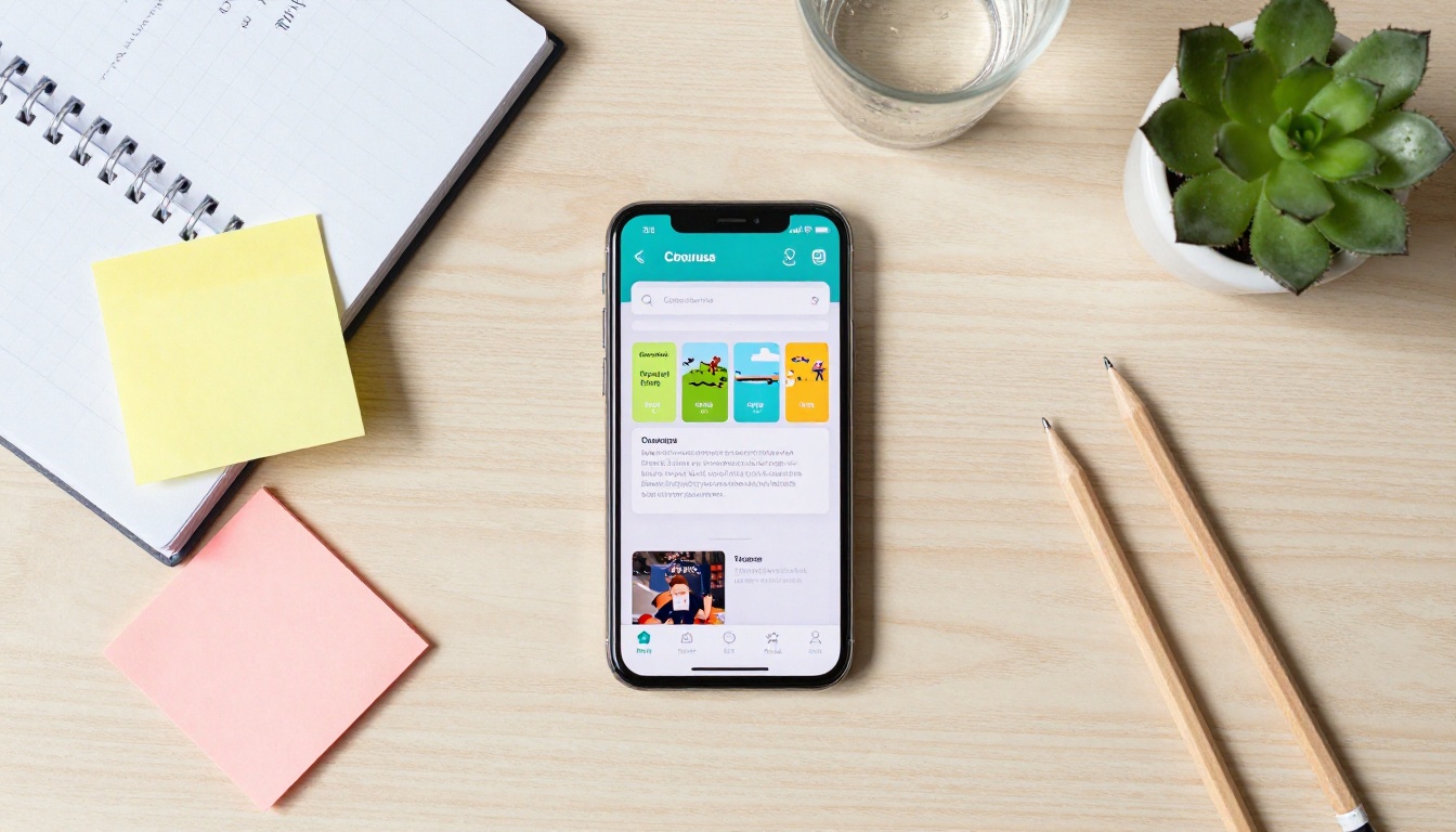 Aerial flat lay of desk with phone showing flipbook interface and course notes