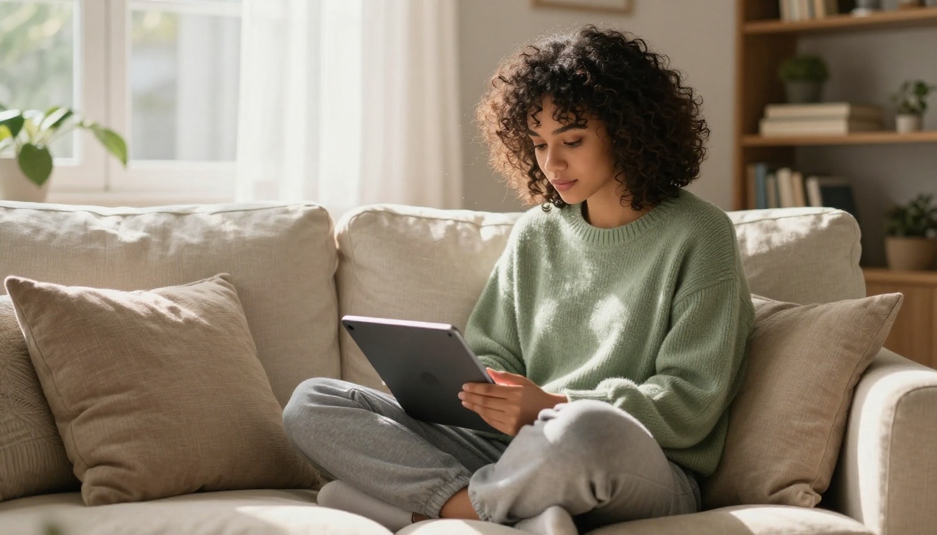 Woman on couch scrolling through course flipbook on tablet in a cozy living room