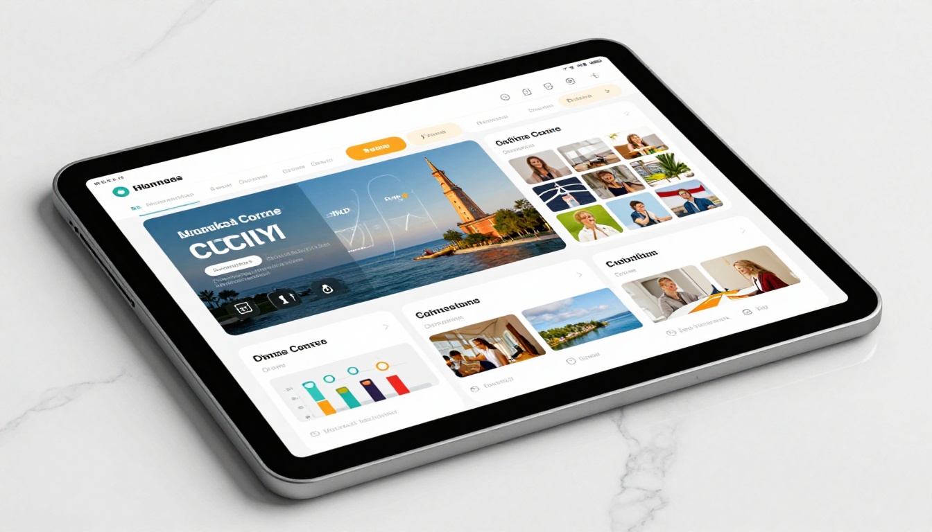 Tablet on marble surface showing interactive course flipbook pages in detail