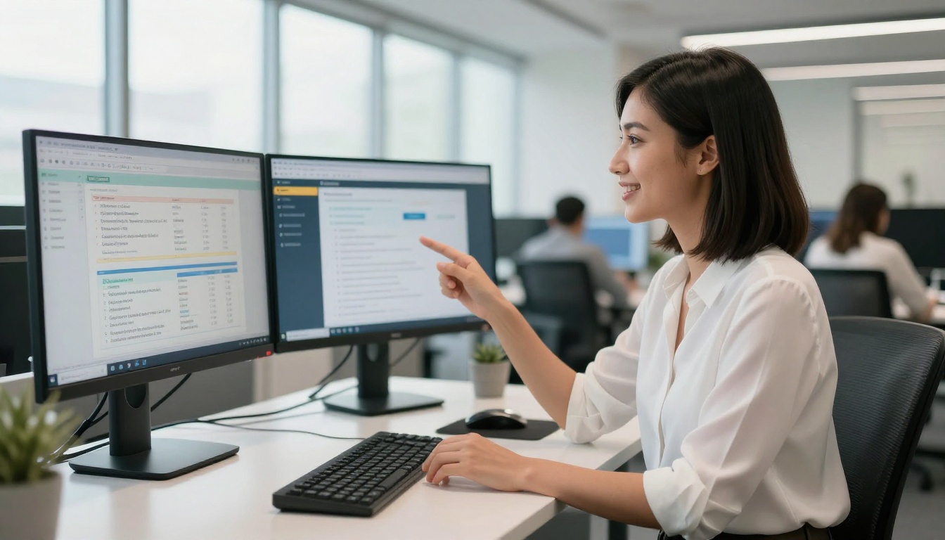 Marketing professional analyzing enrollment analytics and course flipbook on dual monitors