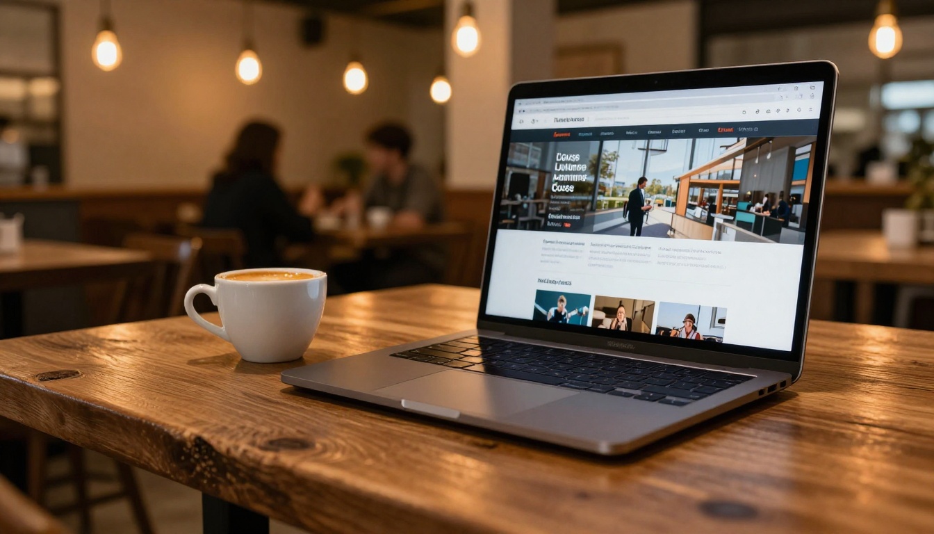 Laptop on a rustic cafe table showing course landing page with embedded flipbook preview