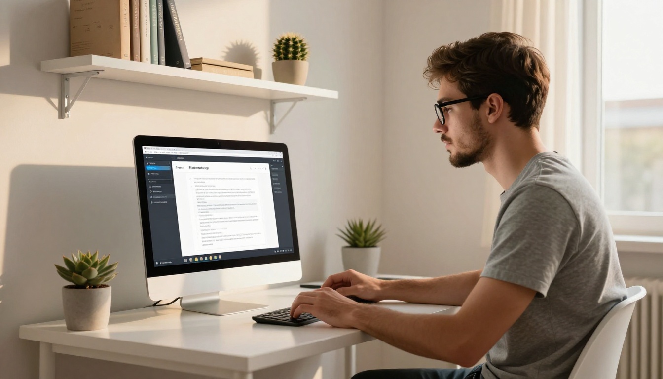 Entrepreneur uploading a PDF to a flipbook creation interface on a minimalist desk
