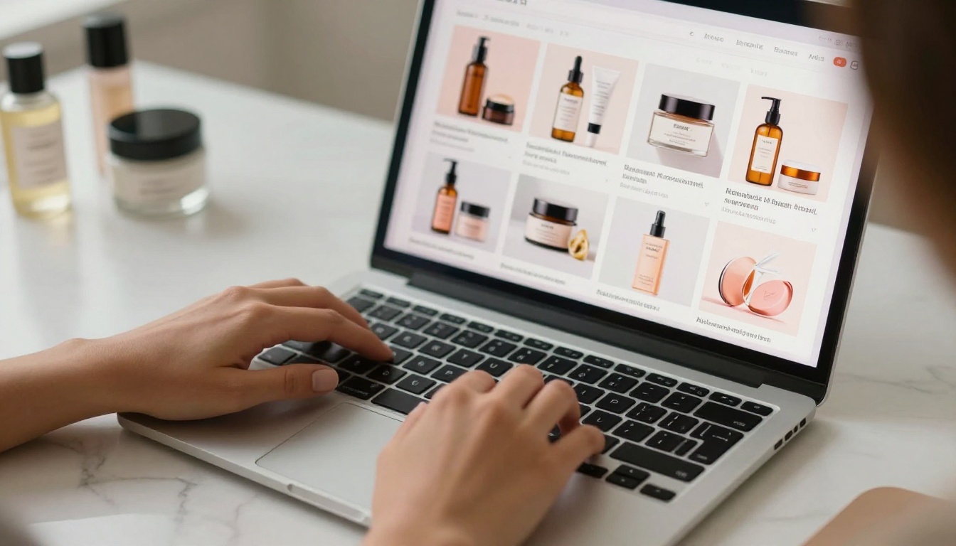 Hands typing on a laptop, browsing a digital product catalog interface