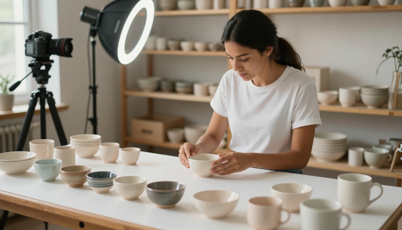 Small business owner photographing products for her digital catalog