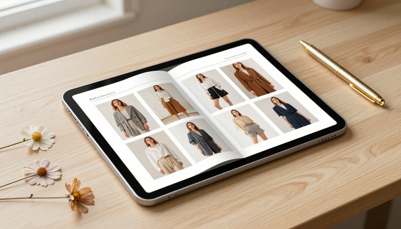 iPad showing a fashion digital catalog with page-flip animation