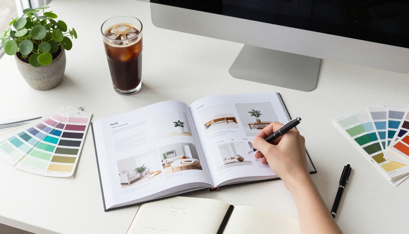 Overhead flat-lay of a creative workspace with color swatches and catalog printouts