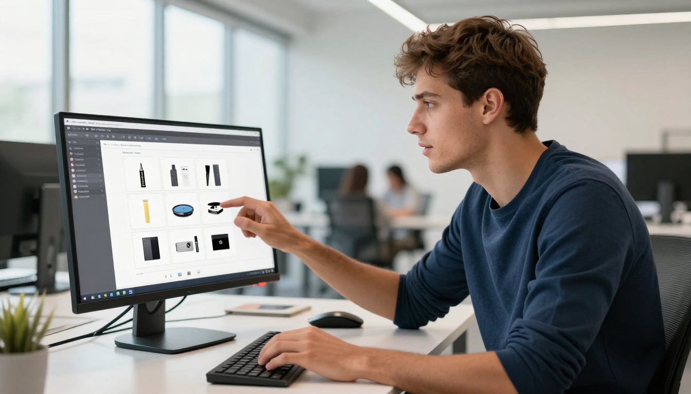 Young man using a drag-and-drop digital catalog builder on a large monitor